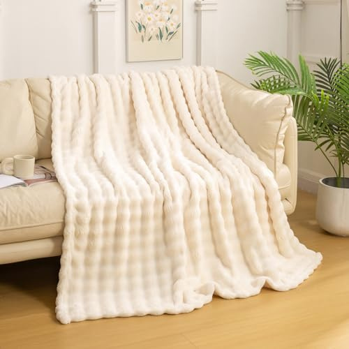 YUSOKI Luxury 3D Bubble Light Weighted Throw Blanket 1.8lb,All Ages,Home Decoration, (Ivory,50 * 60inches)
