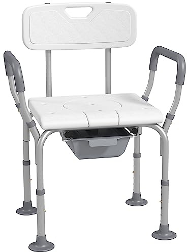 HOMCOM Sedia da Doccia 3 in 1 con Schienale e Braccioli, Sedia Comoda e Sedia WC con Altezza Regolabile e Piedini Antiscivolo, Bianco