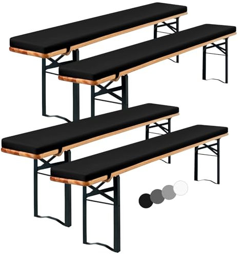 Showgeous Juego de 4 Cojines para Banco de Cerveza,para Carpa de Cerveza, Cojines para Banco de 220x25x2cm,Cojines Acolchados Lavables para Mesa de Cerveza (Negro,Repelente al Agua)