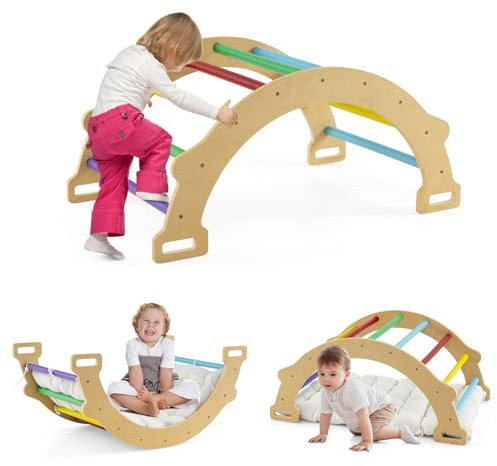 GYMAX Arco da Arrampicata per Bambini, Arco a Dondolo in Legno con Cuscino Accogliente, Struttura per Arrampicata e Dondolo in Legno per Bambini 1+ Anni, 81 x 50 x 38,5 cm (Colorato)