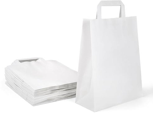 Inoverse 50 stk Papiertüten mit Henkel, Papiertragetaschen, 18+08x22 cm Geschenktüten, Weiß Kraftpapiertüte, Papiertaschen, Groß Einkaufstüten