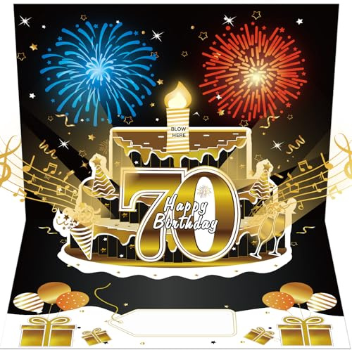 Turypaty Happy 70th Birthday Music Card Gifts Pop Up 3D Cake Firework Light
