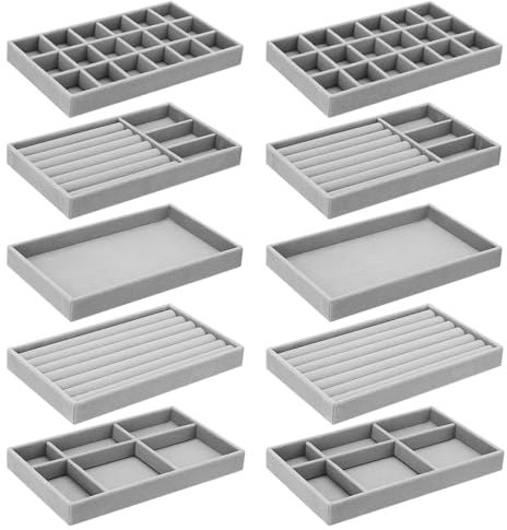 Oupuven 10 Organizzatore Grigio Vassoio Porta Gioielli, Organizer Velluto, Espositore Anelli da Cassetto per Orecchini Collane Bracciali