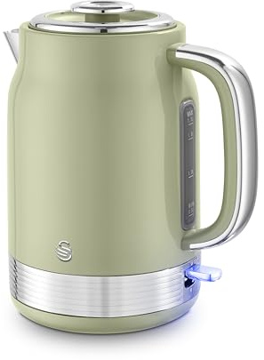 Swan SK19025GRN Retro Jug Kettle, Rapid Boil, Removable Limescale Filter, Easy Pour, 360 Degree Base, Water Indicator Window and Boil Dry Protection 1.7L, 3KW, Green and Stainless Steel