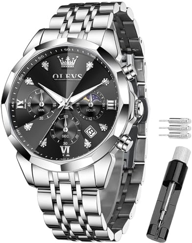 OLEVS Men's Watch - Multifunctional Chronograph with 4 Subdials,Luminous Hands,Date,3ATM Waterproof,Stainless Steel Band,Quartz Business Dress Watch (H3670- Silver Strap with Black dial)
