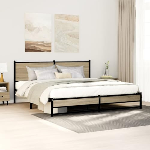 Teenpull Robust metallsängram utan madrass Sonoma-ek 183 x 213 cm, med robust sänggavel, modern plattformssäng med förvaringsutrymme, hållbara sovrumsmöbler.