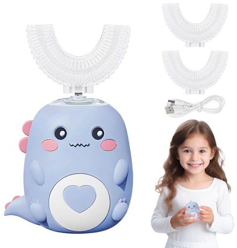 Spazzolino Elettrico Per Bambini A 360º, On 2 Testine In Silicone A Forma Di U, Luce Effetto Dinosauro, Per Bambini E Bambine Dai 2 Ai 8 Anni (Blu)