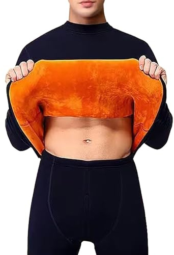 Conjunto de ropa interior térmica para hombre con forro de felpa naranja – Parte superior de cuello alto y leggings, primera capa súper cálida con forro polar para el invierno, azul marino, XXL