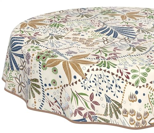 Nappe en Toile cirée Lavable, Facile d'entretien, imperméable, Effet Lotus, Nappe de Jardin, Ethnique, Ronde, 140 cm, avec Ourlet (bordée)
