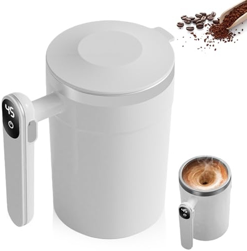 Taza autoagitadora, 400 ml, taza de autoagitación con indicador de temperatura, taza de café automática automática automática de mezcla magnética para proteínas de café, blanco