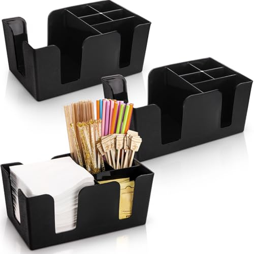 Tebery 3 Pack Black Plastic Bar Caddy with 6 Compartments, Refillable Bar Organizer Holds Napkins, Toothpicks, Straws - 9 L x 5.4 W