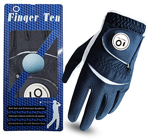 FINGER TEN Gant De Golf Homme Main Gauche Droite Cuir avec Marqueur De Balle Value Pack, Gants Durable Doux Confortable Flexible S M ML L XL Bleu Foncé Rouge Marron (Bleu foncé, M, Gauche)