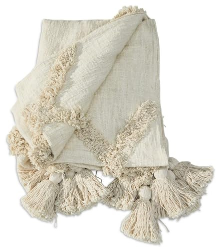 Loberon Plaid Linares, getuftetes Rautenmuster, mit dekorativen Quasten, Ethno-Flair, weiche Haptik, Outdoor-Decke, Picknickdecke, Wohntextilien, Baumwolle, Creme