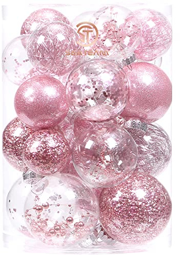 Sea Team Weihnachtskugel-Ornamente aus bruchsicherem, transparentem Kunststoff, dekoratives Weihnachtskugel-Set mit gefüllten, zarten Dekorationen (25 Stück, Rosa)