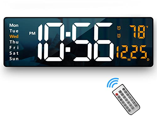 Digital Wall Clock Large Display, 16.2 Inch , LED Digital Clock with Remote Control for Living Room Decor, Automatic Brightness Dimmer with Date Week Temperature (Orange)