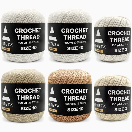 Arteza virkad tråd set – 6-pack 100% bomullsgarn för virkning, merceriserat – storlek 25 cm vit, beige och naturlig – storlek 7,6 cm vit och naturlig – mjuk och färgglad stickning och