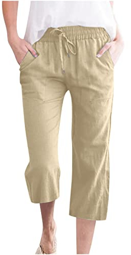 oglccg Womens Capris Trousers 3/4 Pants Cotton Linen Elastic High Waist Cropped Pants Drawstring Summer Autumn Solid Color Pockets Loose Pants Straight Wide Leg Plus Size 8-18 Khaki, XL