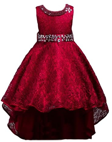 E-girl Vestito da ragazza di fiori Vokuhila abito festivo per bambini ragazze senza maniche cintura in pizzo festa abito da sposa 3-14 anni,E093, rosso scuro, 5-6 Anni