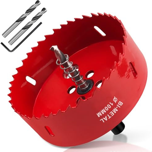 Yeepeo Scie Cloche 100mm, HSS M42 Bi-Métal Scies-cloches Bois, Scie à Trous Avec Adaptateur et Foret de Centrage idéale pour Bois, Plaque de Plâtre, Cloison Sèche, Plastique, 1 pièce Rouge