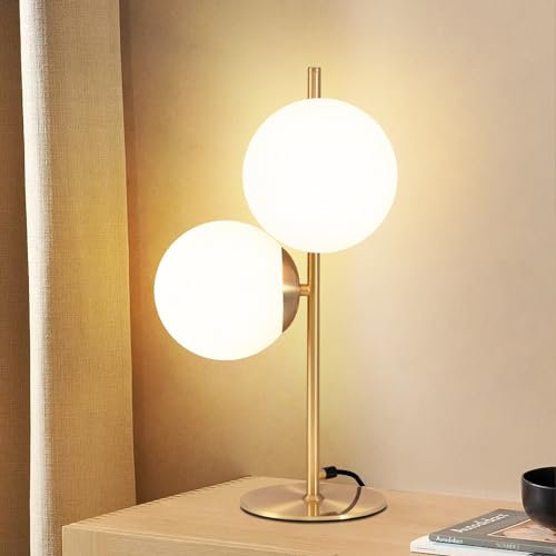 ZMH Lampada da tavolo per soggiorno, moderna, industriale, oro, 2 fiamme, con interruttore, design in metallo, vetro, lampada da comodino, in ottone, E27, per