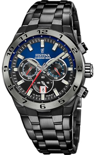 Festina Herren Uhr Analog aus Schwarzem Edelstahl 316L - Quarzwerk - Chronograph - Kalender - Mineralglas mit hoher Widerstandsfähigkeit - Wasserdicht bis 10 ATM F20673/1 Chrono Bike