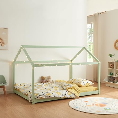 [en.casa] Children's Bed Cerro 140 x 200 cm House Youth Bed in House Look - Montessori Style Made of Solid Pine With Slatted Frame - Mint Green