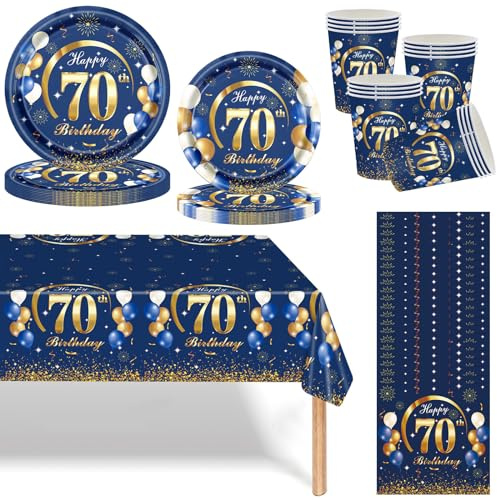 Set di stoviglie per feste 'compleanno', blu navy, oro, 70 pezzi, 69 per uomini e donne, blu, oro, decorazione da tavolo per 70 ospiti