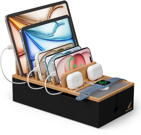 Pezin & Hulin Kabel-Organizer-Box, Überspannungsschutz-Organizer, Geräte-Ladestation für Handys und Tablets, Holz-Ladestation – mit 6 Kabeln, Aber ohne Netzteil – Natur + Schwarz