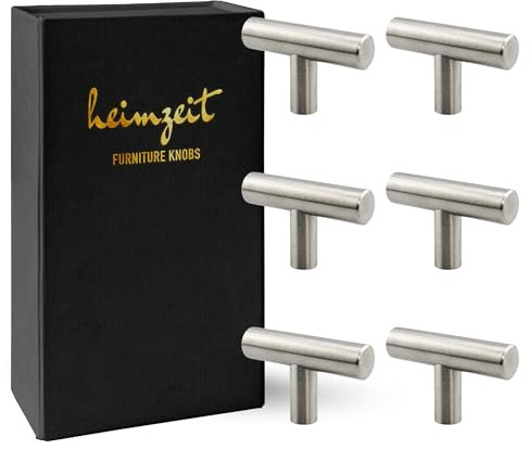 heimzeit Schrankknöpfe für Türen, Schubladen und Kommoden aus hochwertigem Edelstahl [6 Stück, T-förmig] Farbe: Silber, Stilvolles Design, Möbelknöpfe mit Einlochgriff und Schrauben
