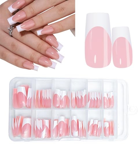 french Nail Adesivi Artificiali Manicure Unghie Lucido Copertura Completa Colore Nudo Francese Naturale (Medium Square French Nail, 144 Pezzi)