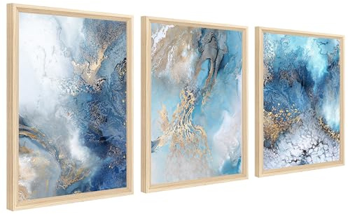 3Pcs Stampa su Tela Con Cornice Oceano Blu D'oro Quadri su tela Onde del Mare Astratte Quadri Moderni Poster da Parete Camera da Letto Soggiorno Decorazioni 90x40cm(12x16x3pcs) (Senza Plexiglass)