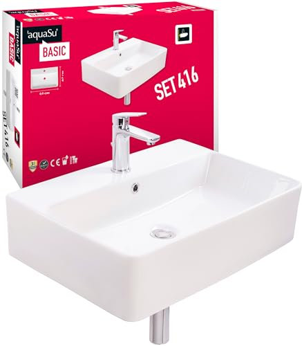 'aquaSu® Basic Waschtisch-Set 416 60 cm, eckiges Waschbecken in weiß, Waschtisch 60 x 42 cm zur Wandmontage, mit Waschtischarmatur Chrom, Excenter-Garnitur, 562461