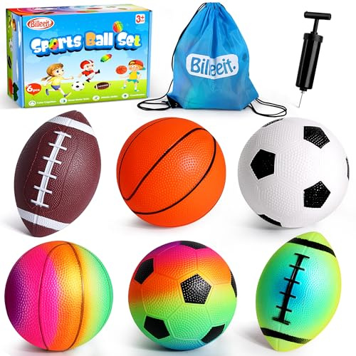 Billeeit Small Sports Balls for Toddler Pack of 6, 2 Each of 5 Football, Basketball, Soccer for Playground, Toy Balls Inflatable Multi-Sport Ball Set with 1 Pump for Indoor and Outdoor Activities