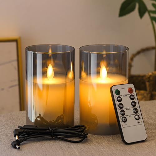 FiiMoo Candele LED Ricaricabile, 2 Pezzi, Candele USB Ricaricabili, Candele Batteria, Candela con Telecomando, Candele LED Senza Fiamma Per Natale, Festa, Vacanze Decorazione-10cm Vetro Grigio