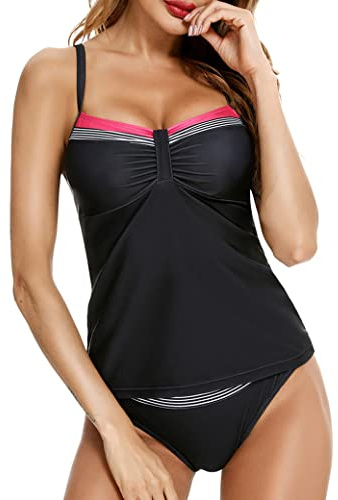 Aottori Maillot de Bain Femme 2 Pièce Tankini Imprimé Rembourré Maillot Short Maillots de Bain Push Up Rayures Rembourré Beachwear Noir Pur XXL