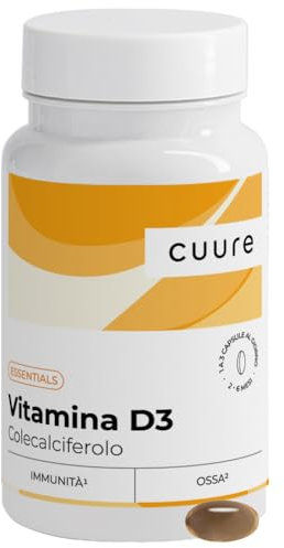 Vitamina D3 - CUURE - 180 capsule, 6 mesi - più di 2000 UI - Sistema Immunitario, Ossa, Denti, Articolazioni - Integratore Vitamina D - Colecalciferolo, più Stabile e meglio Assorbito - Senza Glutine
