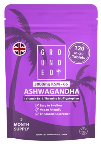 Grounded Ashwagandha KSM-66® High Strength 3,000mg | 4-in-1 Formula | 120 Tablets / 2 Month Supply | L-Theanine, L-Tryptophan, Vitamin B6 & Black Pepper | Vegan-Friendly, UK Made