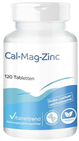 Vitamintrend Cal-Mag-Zinc, 120 tabletter, Kalcium Magnesium Zink-komplex högdoserat, veganskt kosttillskott utan magnesiumstearat, tillverkat i Tyskland