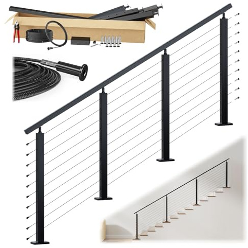Muzata 8-12ft Black Complete Cable Railing Kit for Stairs Pre-Crimped 36 Inch Cable Railing System with Post Handrail Length Adjustable Easy DIY with User Guide Complete Set RC09