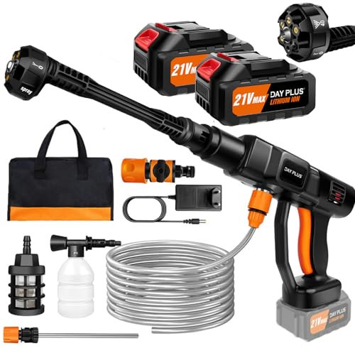 Hidrolimpiadora sin Cable,45 Bar/652 PSI Hidrolimpiadora portátil con batería de 2X 3.0Ah,Boquilla Ajustable 6 en 1,Manguera de 16.4FT Limpiadora a presión para Coche/Suelo/jardín Limpieza y riego