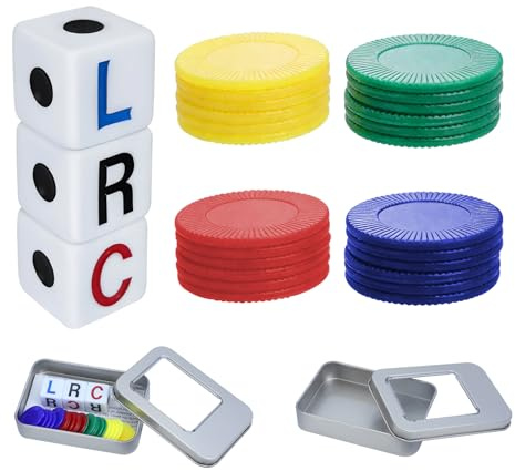 kcrnw Left Right Center Dice Game Fun Dice Games with 3 Dices + 24 Chips | Portable 4 Color Interactive Dice Toy Round Corner Dice for School Family Friends Gatherings Party with Storage Box