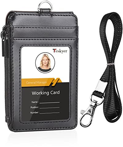 Teskyer Ausweishülle mit Band, Kartenhalter mit Reißverschluss, PU Leder, 1 durchsichtiges Ausweisfenster und 3 Kartenfächer, Schwarz
