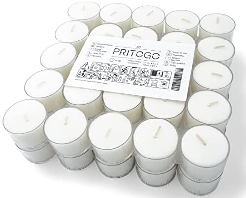 Pritogo Teelichter, 100 Stück, Weiß, Brenndauer: 8 Stunden, 20 g Wachsgewicht, 25 x 38 mm, Kunststoffhülle, Gastro, Hochzeit, Dekorieren, Feiern, Entspannen, Outdoor, Party