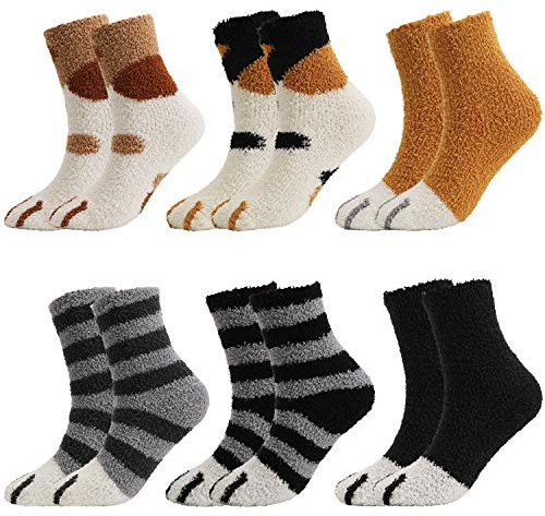 QKURT 6 Paires de Chaussettes Moelleuses de Patte de Chat, Chaussette Polaire Chaussettes d'hiver épais et Chaudes pour Femmes Filles Hommes