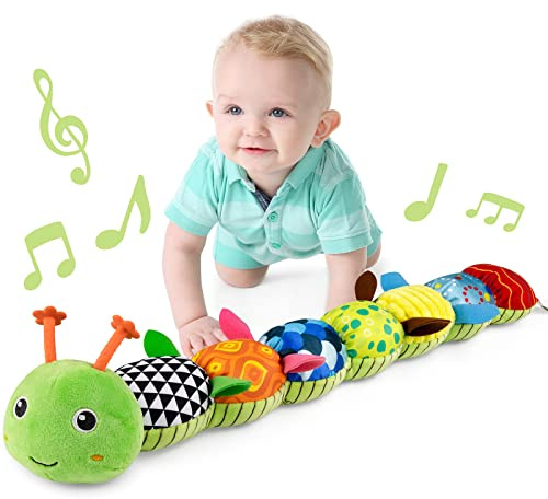 LIGHTDESIRE Baby Toys Musical Caterpillar,Infant Stuffed Animal Toy with Crinkle and Rattles,Soft Sensory Toys with Textures for Tummy Time Newborn Boys Girls 0 3 6 12 Months(Green)