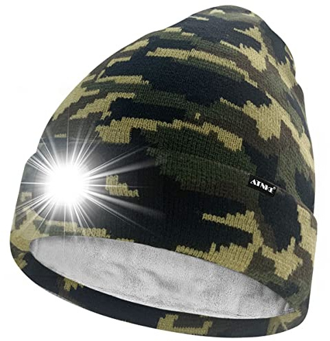 ATNKE LED Cappello con Luce,USB Ricaricabile 4 LED Luce Cappello da Corsa Invernale Calda Pile Foderato Berretto Lavorato Maglia Regali per Uomo e Donna/Camouflage Green