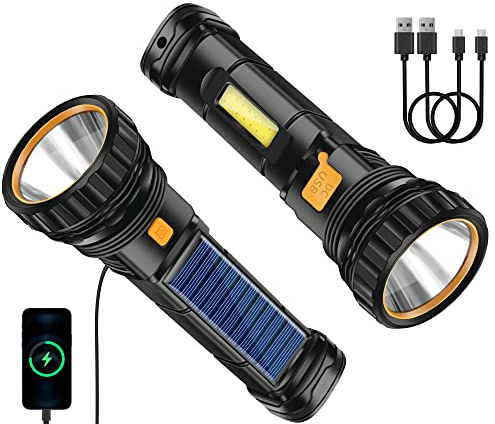 Qoolife SolcellsLED-ficklampa, 2 stycken batteridriven, vattentät med 1 200 mAh integrerat batteri, USB-uppladdningsbar, 3 ljuslägen, lätt för utomhusbruk