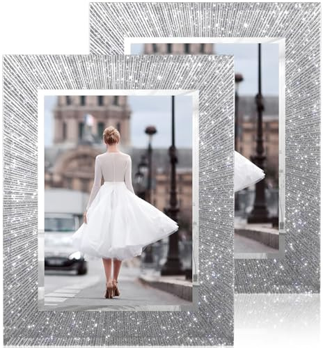 Flocey 5x7 Picture Frame Glass 2 Pack, Sparkly Glitter Photo Frame 5 x 7 Mirror Crystal Wedding Gift Wall and Tabletop Display