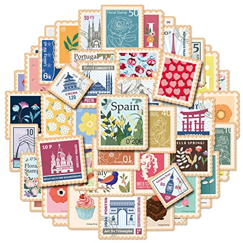 Qpout 50pcs Adesivi Francobolli Vintage, Pacchetto di Adesivi Vintage Scrapbook per Bottiglie d'Acqua, Adesivi Floreali per Arte Fai-da-Te per Bambini Bullet Journal di Artigianato
