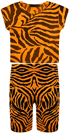 Girls Crop Top & Shorts Zebra Print Set Animal Striped Cycling Shorts Stretch T-Shirt Summer Neon Tee Tops Outfit Cycling Shorts Stretchy Dance Gymnastics Sports School Summer Hot Pants Biker Short